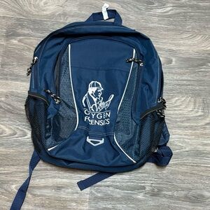 Navy Blue Backpack With Ample Storage. Mesh Water Bottle Side Pockets